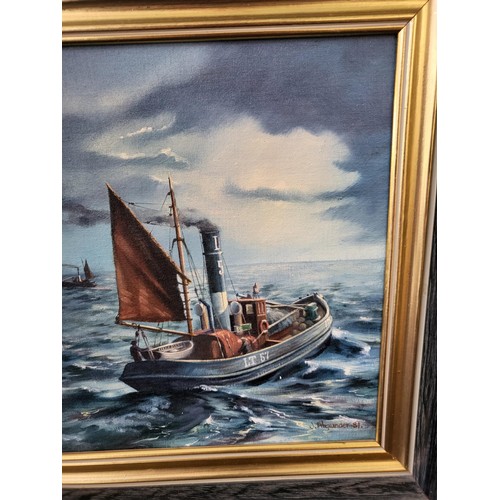 320 - Original Painting By J Alexander of Fife Depicting Fishing Boats Dated 1981 Item Measures 41cm by 41... 