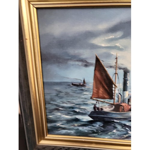 320 - Original Painting By J Alexander of Fife Depicting Fishing Boats Dated 1981 Item Measures 41cm by 41... 