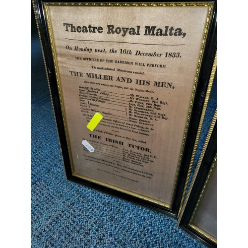 328 - Theatre Royal, Malta Silk Theatre Programs Dated 1833 & 1834 Valued at Antiques Roadshow 2009 of... 