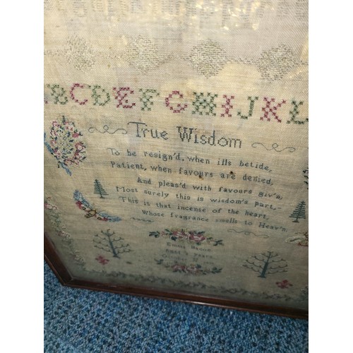 331 - Early Sampler Dated October 22nd 1838 Very Thin with Gold Backing Under Frame by Emma Bacon Aged 8 Y... 