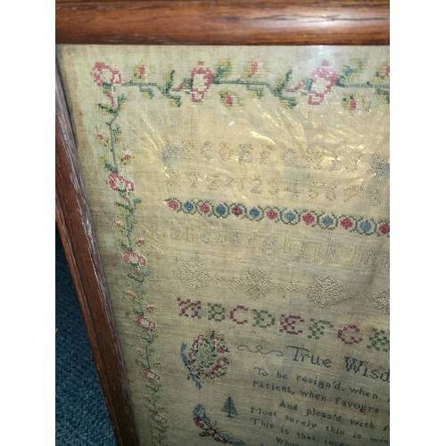 331 - Early Sampler Dated October 22nd 1838 Very Thin with Gold Backing Under Frame by Emma Bacon Aged 8 Y... 