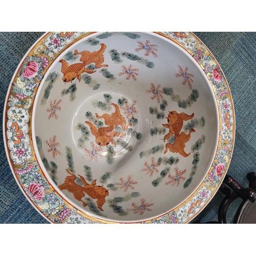 236 - Chinese Floral & Scenic Fishbowl with Stand Measures 35cm Tall By 45cm in Diameter Very Good Con... 