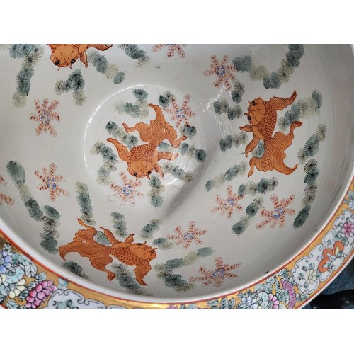 236 - Chinese Floral & Scenic Fishbowl with Stand Measures 35cm Tall By 45cm in Diameter Very Good Con... 