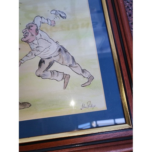 344 - Three Pen & Ink Humorous Caricature Drawings by John Philips They Depict Curling, Rugby, Lawn Bo... 