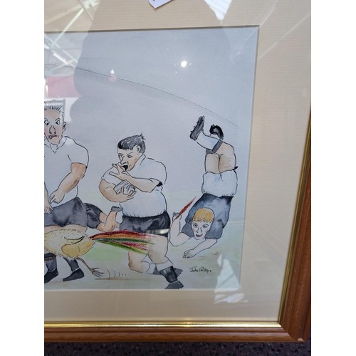 344 - Three Pen & Ink Humorous Caricature Drawings by John Philips They Depict Curling, Rugby, Lawn Bo... 