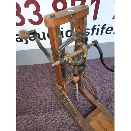 348 - Antique Barn Beam Post Auger Drill Press Boring Machine Measures 64cm Tall & 71cm Long Also Fold... 