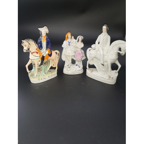 377 - Three Rare Early Staffordshire Flatback Figures Circa 1800s Chip on Hat on Colorful Horseman & C... 