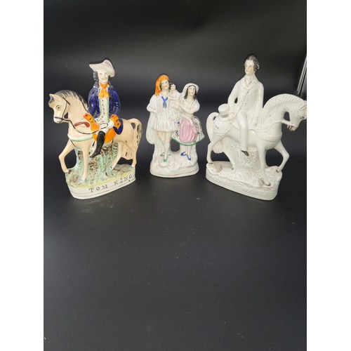 377 - Three Rare Early Staffordshire Flatback Figures Circa 1800s Chip on Hat on Colorful Horseman & C... 