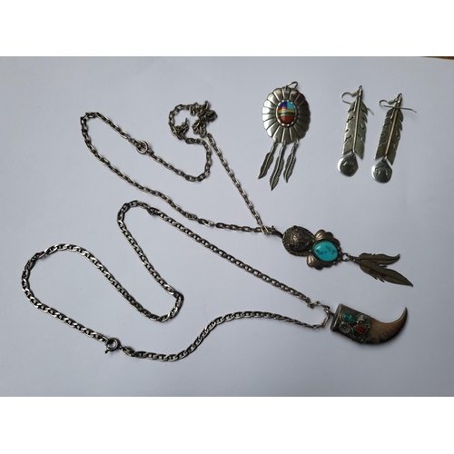 260A - Small Lot of South American Inspired Sterling Jewellery Includes Two Necklaces with Pendants, Pair o... 