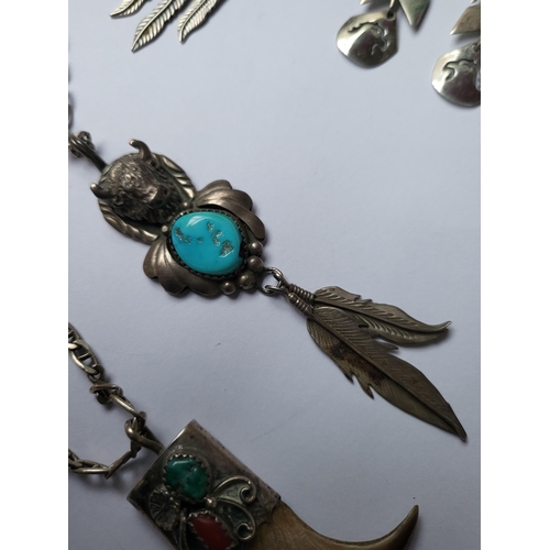 260A - Small Lot of South American Inspired Sterling Jewellery Includes Two Necklaces with Pendants, Pair o... 