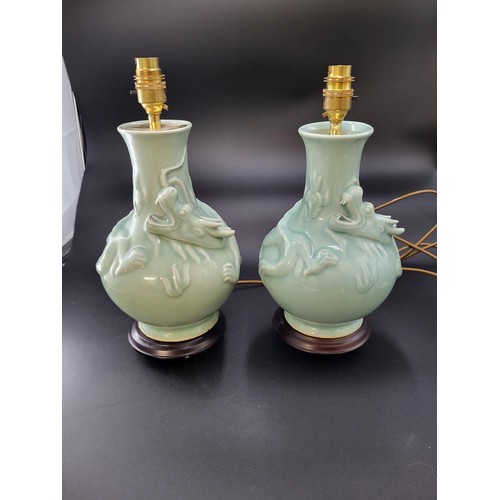 102 - Pair of Porcelain Green Glazed Vases with Dragon Converted to Lamps Vase Height 30cm