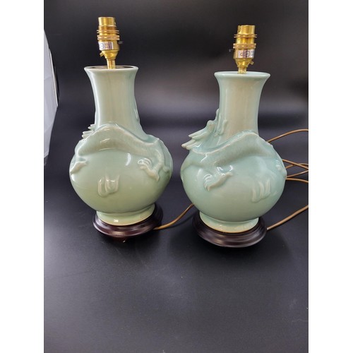 102 - Pair of Porcelain Green Glazed Vases with Dragon Converted to Lamps Vase Height 30cm
