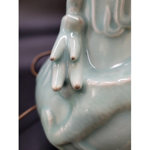 102 - Pair of Porcelain Green Glazed Vases with Dragon Converted to Lamps Vase Height 30cm