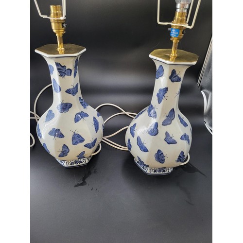 112 - Pair of of Oriental Blue & White Porcelain Vases with Butterfly Design Converted to Electric Lam... 