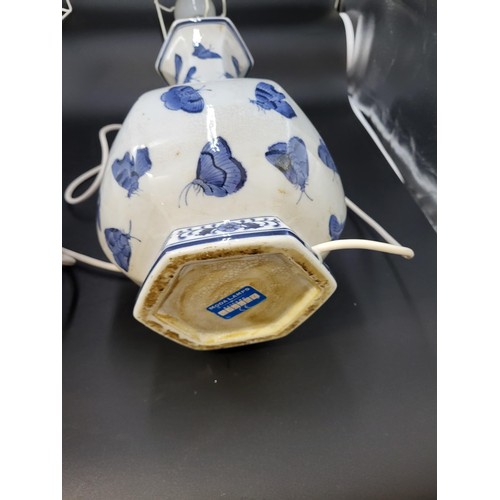 112 - Pair of of Oriental Blue & White Porcelain Vases with Butterfly Design Converted to Electric Lam... 