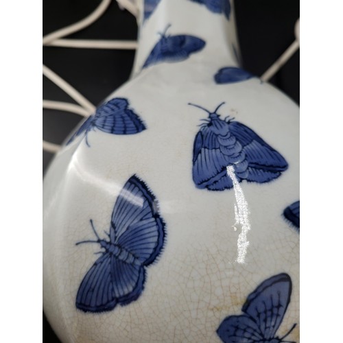 112 - Pair of of Oriental Blue & White Porcelain Vases with Butterfly Design Converted to Electric Lam... 