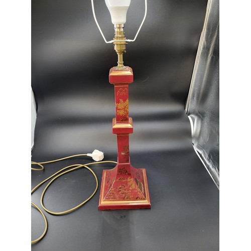 114 - Oriental Hand Painted Wooden Lamp Base Height 46cm