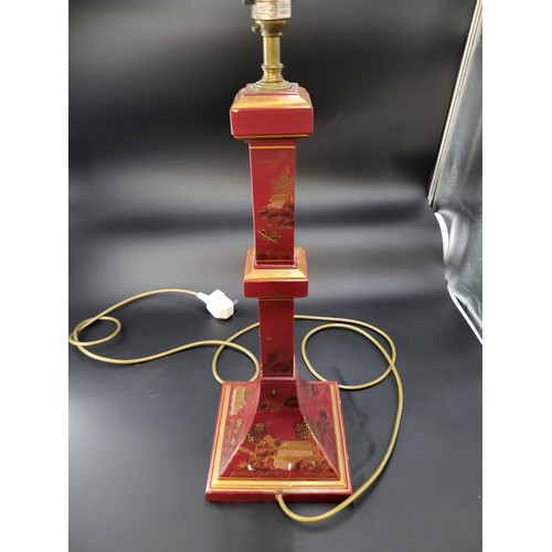 114 - Oriental Hand Painted Wooden Lamp Base Height 46cm