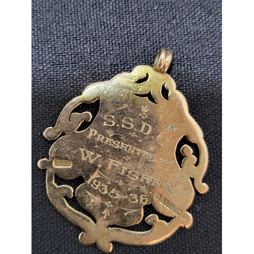 3 - 9ct Gold Fob Medal with Inscription to Reverse S.S.D.C Presented to W Fisher 1935-36 Measures 3.5cm ... 