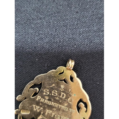 3 - 9ct Gold Fob Medal with Inscription to Reverse S.S.D.C Presented to W Fisher 1935-36 Measures 3.5cm ... 