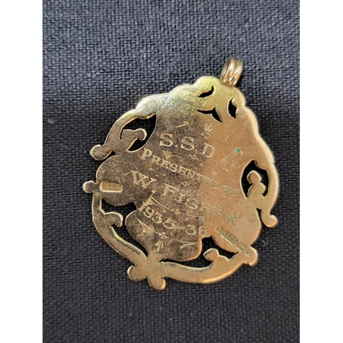 3 - 9ct Gold Fob Medal with Inscription to Reverse S.S.D.C Presented to W Fisher 1935-36 Measures 3.5cm ... 