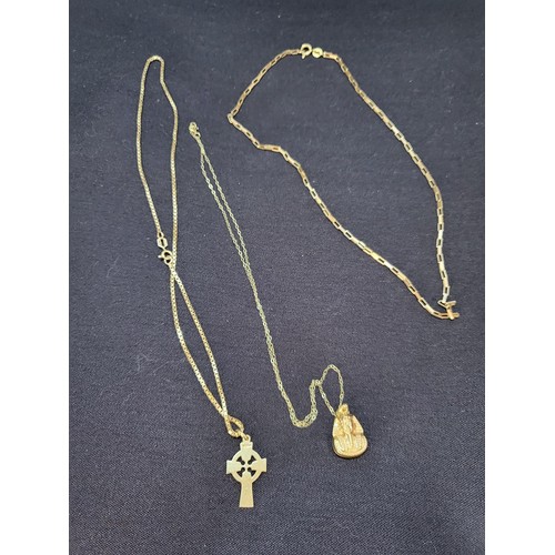 4 - Three 9ct Gold Chains Two with Pendants all Chains Measure Roughly 40cm Unclasped ( Total Weight 11g... 