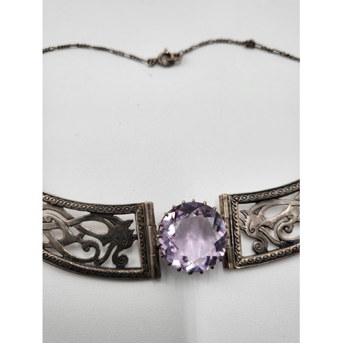 44 - Vintage Sterling Silver Amethyst & Celtic Necklace Choker Fully Hallmarked Makers Mark DB Measur... 