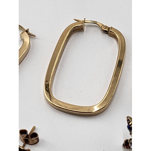 60 - Three Pairs of 9ct Gold Earrings includes Rectangular Hoops, Flower Studs & Cubic Zirconia and C... 