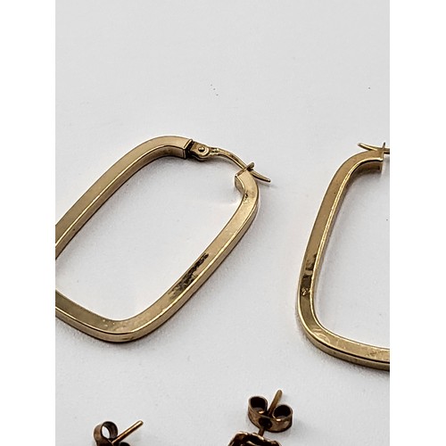 60 - Three Pairs of 9ct Gold Earrings includes Rectangular Hoops, Flower Studs & Cubic Zirconia and C... 