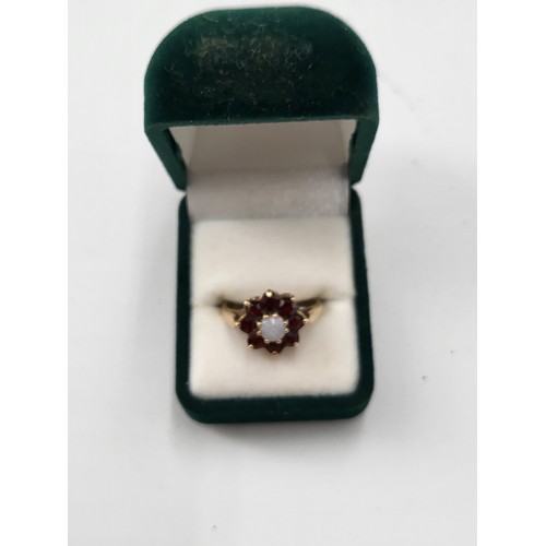 63 - 9ct Gold Garnet & Opal Cluster Ring Size M ( Weighs 3.1g)