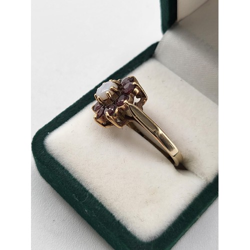 63 - 9ct Gold Garnet & Opal Cluster Ring Size M ( Weighs 3.1g)