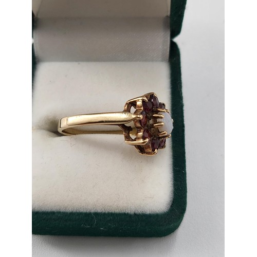 63 - 9ct Gold Garnet & Opal Cluster Ring Size M ( Weighs 3.1g)