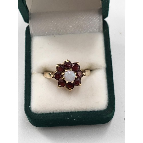 63 - 9ct Gold Garnet & Opal Cluster Ring Size M ( Weighs 3.1g)