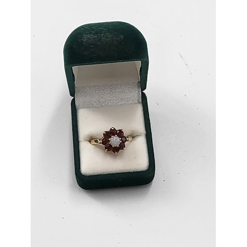 63 - 9ct Gold Garnet & Opal Cluster Ring Size M ( Weighs 3.1g)