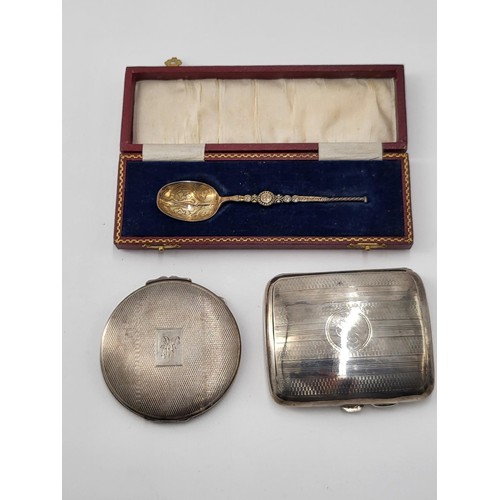 77 - Sterling Silver Compact along with Sterling Cigarette Case along with Apostle Cased Spoon Fully Hall... 