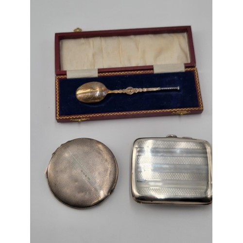 77 - Sterling Silver Compact along with Sterling Cigarette Case along with Apostle Cased Spoon Fully Hall... 
