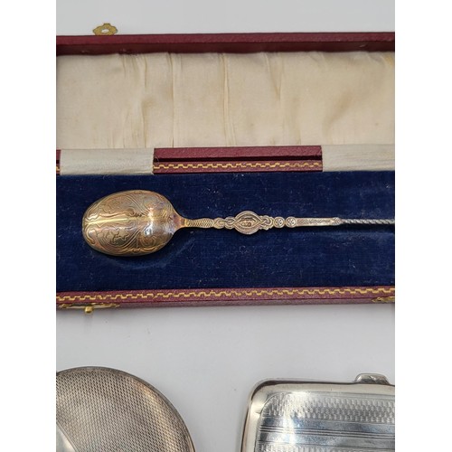 77 - Sterling Silver Compact along with Sterling Cigarette Case along with Apostle Cased Spoon Fully Hall... 