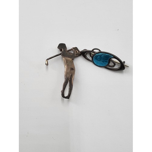 82 - Two Sterling Silver Brooches one Depicting Golfer & Art Nouveau Enamel one
