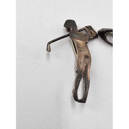 82 - Two Sterling Silver Brooches one Depicting Golfer & Art Nouveau Enamel one
