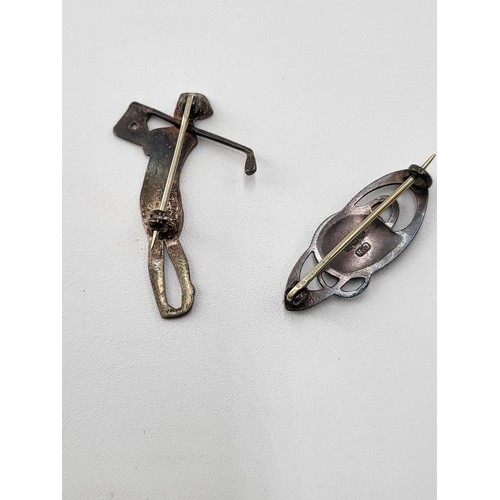 82 - Two Sterling Silver Brooches one Depicting Golfer & Art Nouveau Enamel one