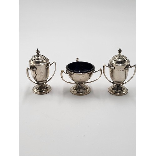 78 - Sterling Silver Cruet Set Three Handled Cups ( Complete Silver Weight 143g )