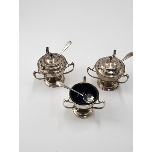 79 - Sterling Silver Three Handled Cruet Set Three Salt Spoons not Same Maker Fully Hallmarked ( Complete... 