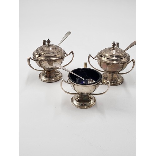 79 - Sterling Silver Three Handled Cruet Set Three Salt Spoons not Same Maker Fully Hallmarked ( Complete... 
