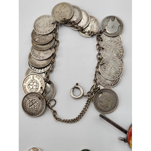 85 - Collection of Silver Charm Bracelets along with Two Brooches ( Total Weight 173g)