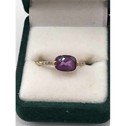 91 - 9ct Gold Amethyst & Diamond Ring Size L Fully Hallmarked 9K ( Weighs 1.35g)