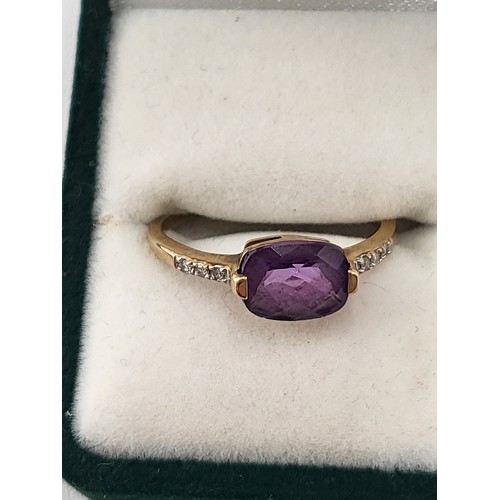 91 - 9ct Gold Amethyst & Diamond Ring Size L Fully Hallmarked 9K ( Weighs 1.35g)