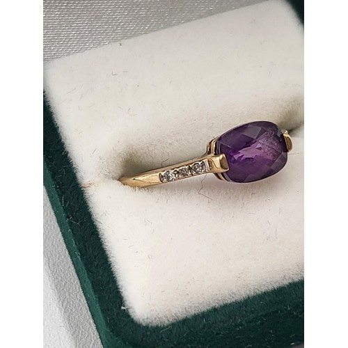 91 - 9ct Gold Amethyst & Diamond Ring Size L Fully Hallmarked 9K ( Weighs 1.35g)