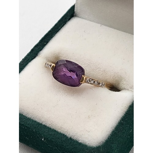 91 - 9ct Gold Amethyst & Diamond Ring Size L Fully Hallmarked 9K ( Weighs 1.35g)