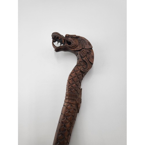 390 - Antique Carved Dragon Walking Stick Measures 120cm Long has a Few Broken Teeth but Rest Looks Pretty... 