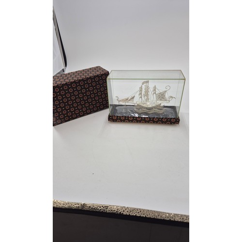 123 - Silver Sailing Ship in Glass Case & Box Length of Box Length 22cm x Height 16cm x Width 9cm